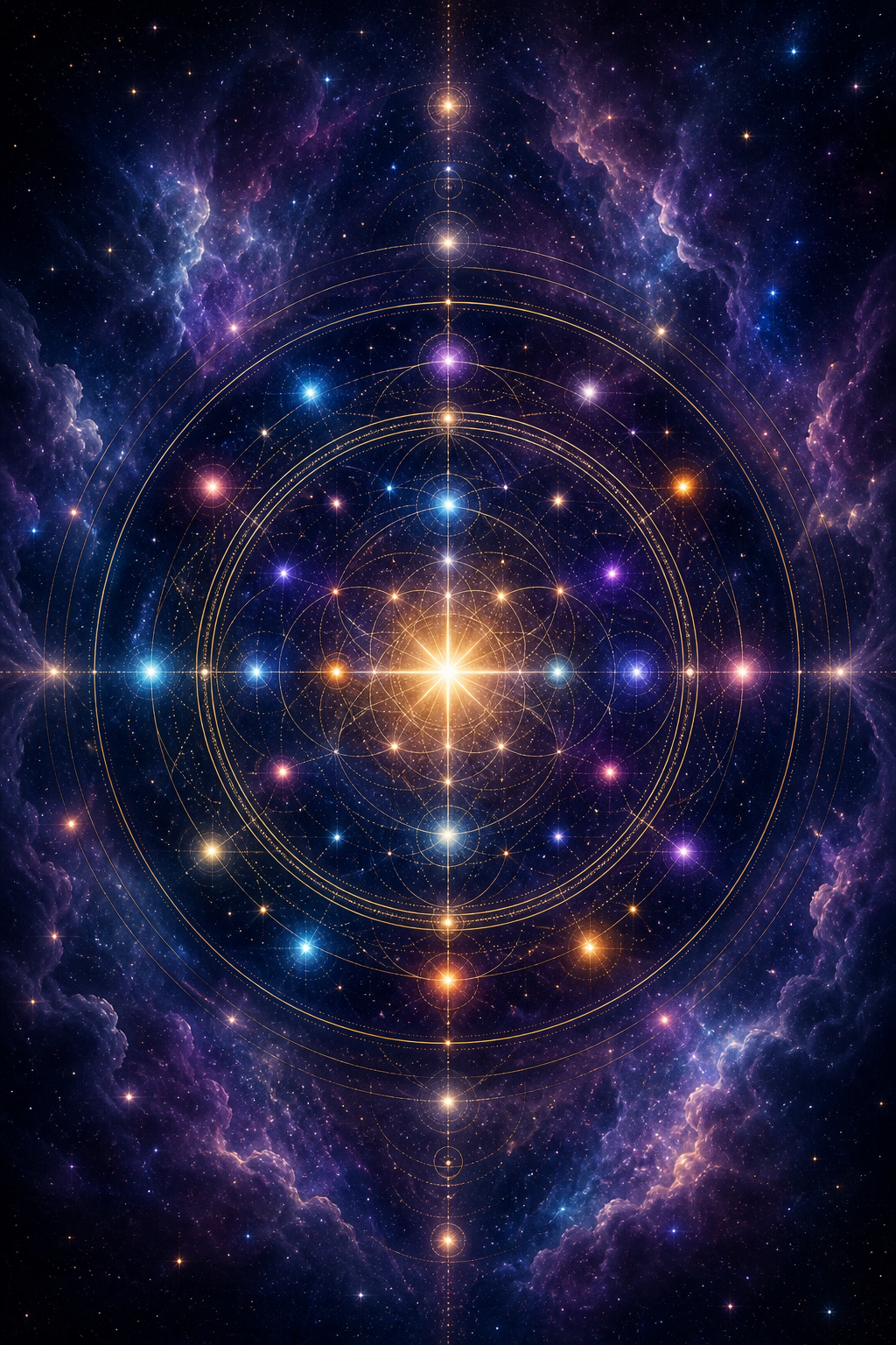 A radiant central star surrounded by golden celestial rings in a violet nebula