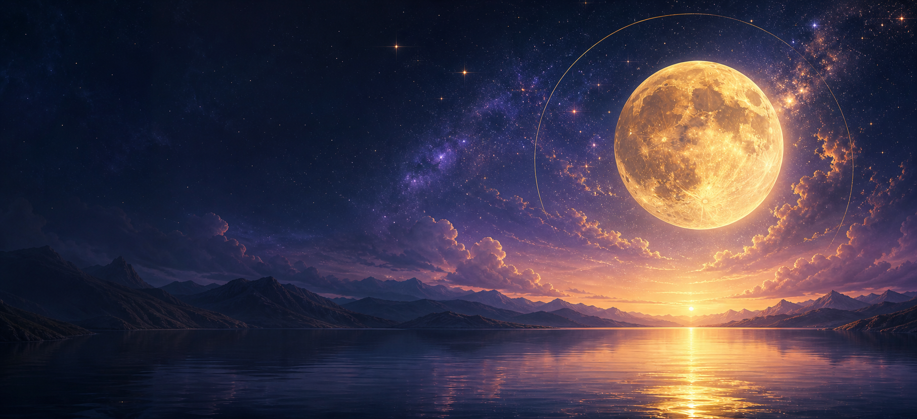 A luminous golden moon above a tranquil celestial lake and distant mountains