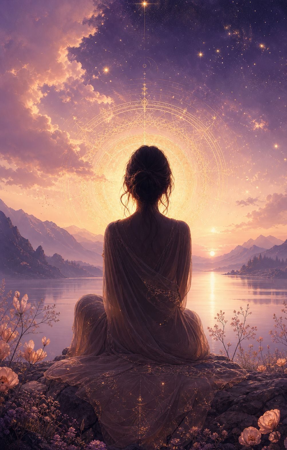 A contemplative figure seated beside a celestial lake beneath a golden circle of light